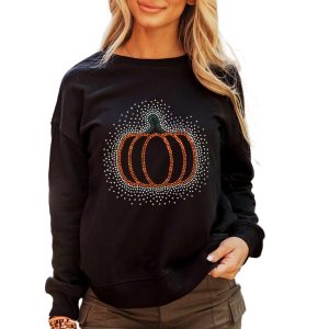 Women's Rhinestone Pumpkin Sweatshirt, Casual Fall Pullover - Main View