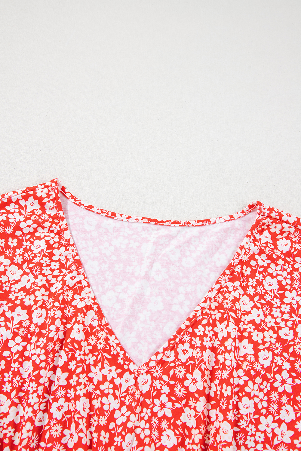 Women's Plus Size Red Floral V Neck Blouse with Flared Bracelet Sleeves - Detail View 9 Women's Plus Size Red Floral V Neck Blouse with Flared Bracelet Sleeves - Detail View 9