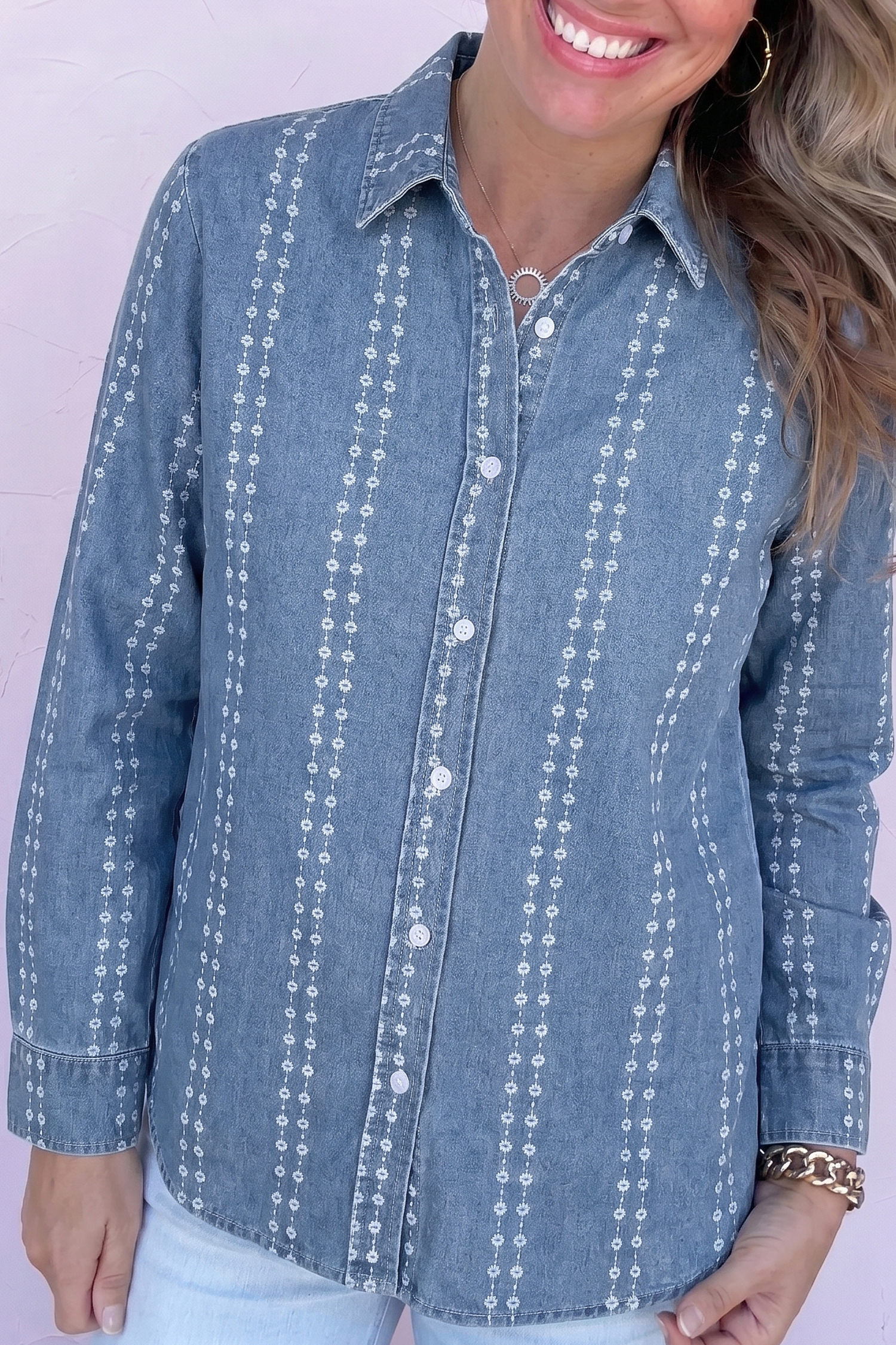 Womens Floral Denim Shirt, Casual Long Sleeve Button Down - Detail View 7 Womens Floral Denim Shirt, Casual Long Sleeve Button Down - Detail View 7