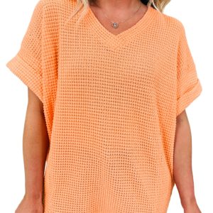 Women's Waffle Knit V Neck Casual Short Sleeve Top - Main View