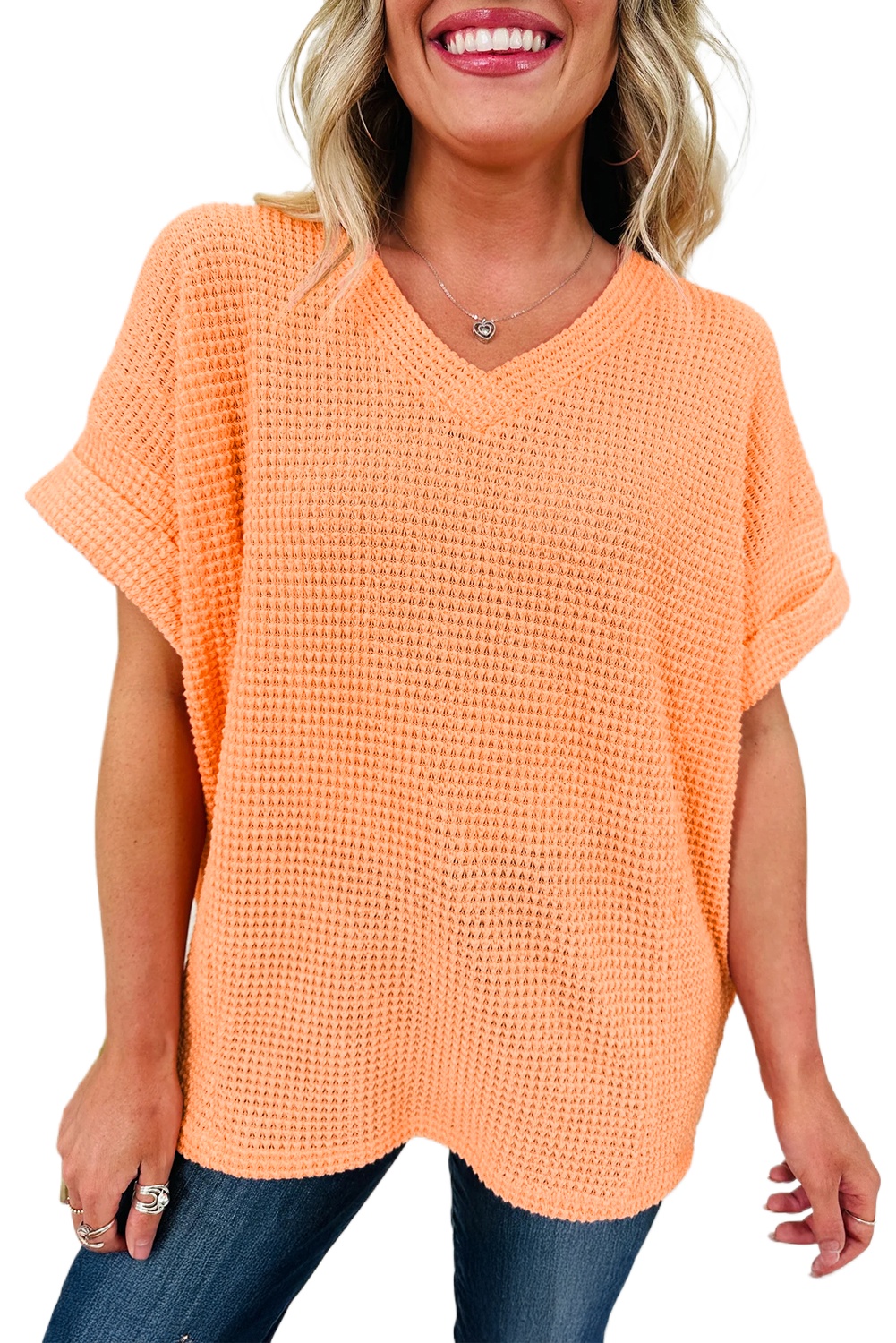 Women's Waffle Knit V Neck Casual Short Sleeve Top - Main View Women's Waffle Knit V Neck Casual Short Sleeve Top - Main View