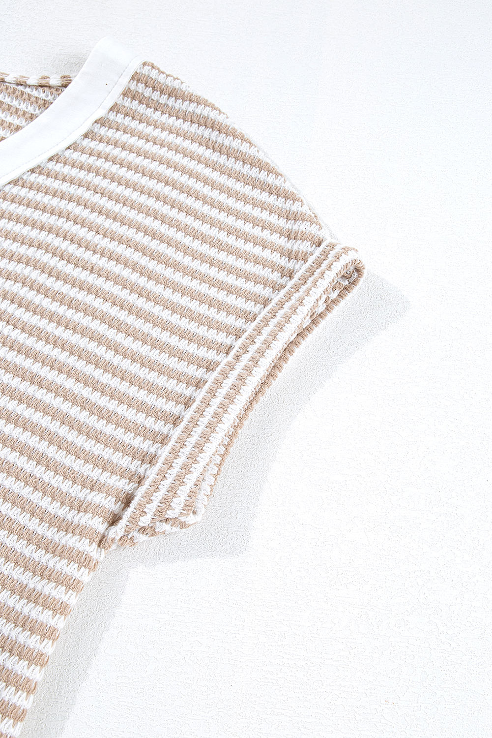 Women's Khaki Stripe Knitted V Neck T-Shirt with Buttoned Front - Detail View 21 Women's Khaki Stripe Knitted V Neck T-Shirt with Buttoned Front - Detail View 21