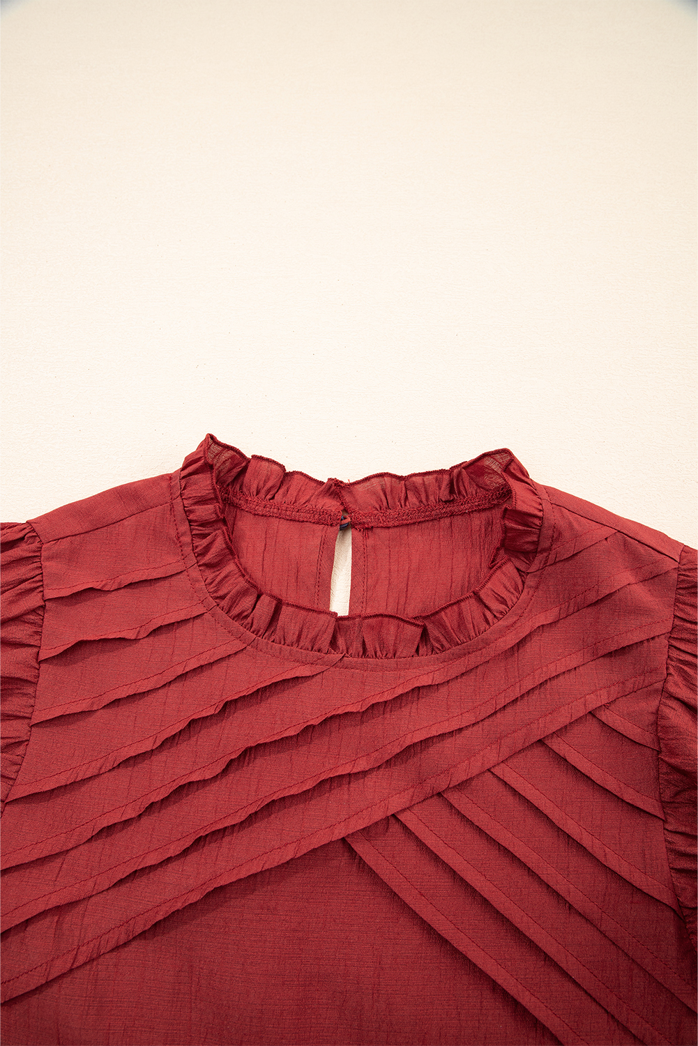 Chic and Versatile Red Dahlia Blouse with Pleated and Ruffle Accents - Detail View 6 Chic and Versatile Red Dahlia Blouse with Pleated and Ruffle Accents - Detail View 6