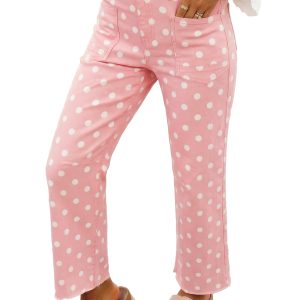 Women's Pink Polka Dot Jeans, Casual High Waist Denim Pants - Main View