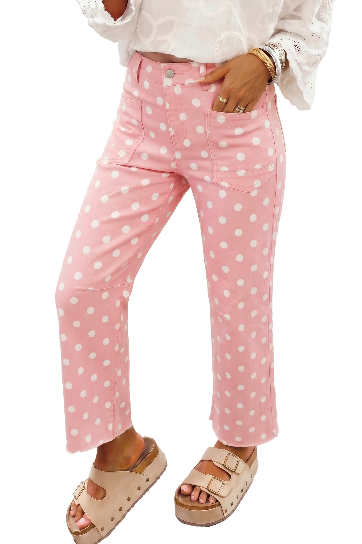 Women's Pink Polka Dot Jeans, Casual High Waist Denim Pants - Main View Women's Pink Polka Dot Jeans, Casual High Waist Denim Pants - Main View