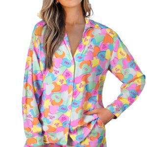Women's Pink Heart Print V-Neck Pajama Set – Long Sleeve Tunic and Shorts for Daily Comfort - Main View
