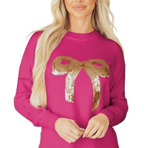 Women's Rose Red Sequined Bow Graphic Holiday Sweater – Casual Winter Style - Main View