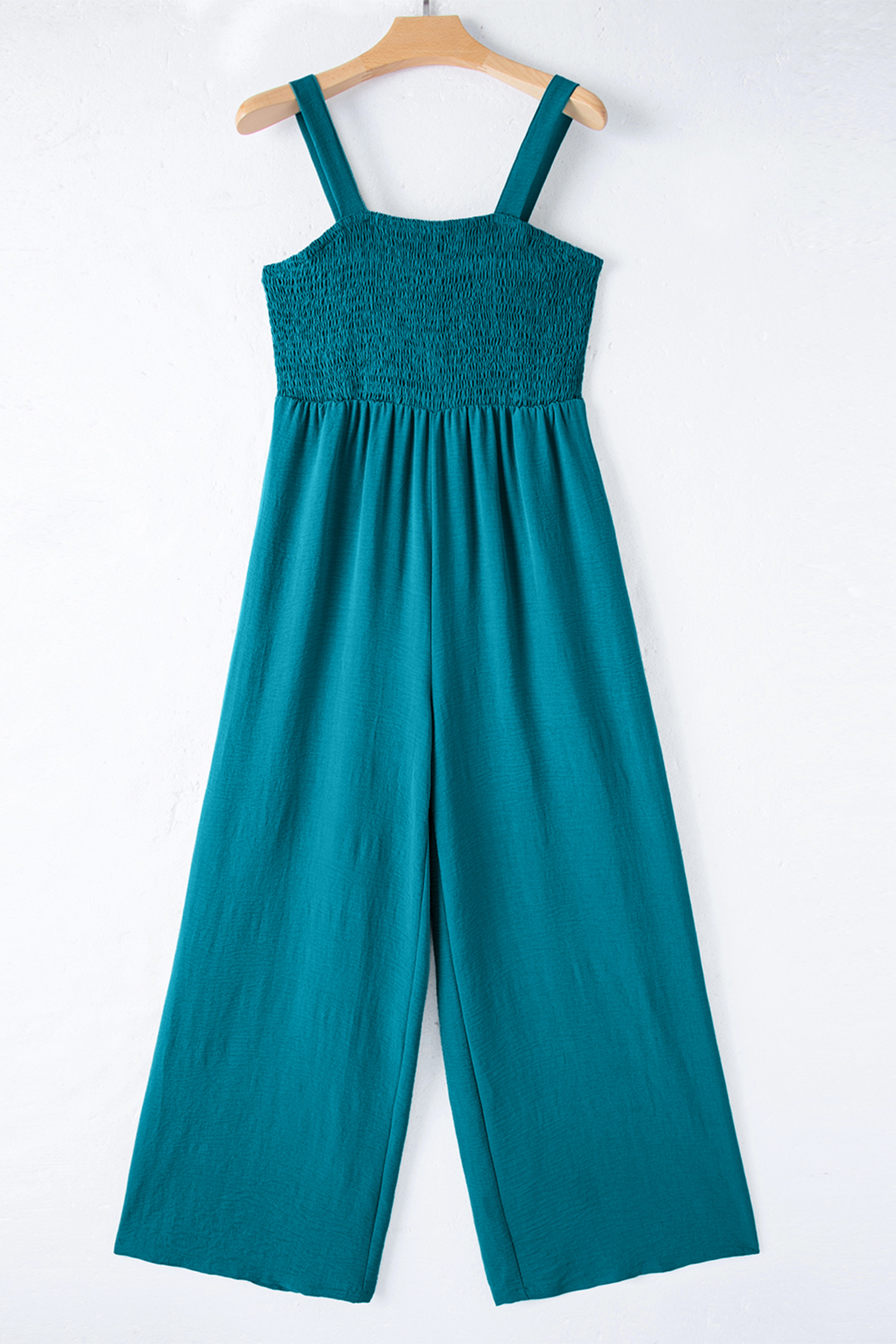 Women's Square Neck Smocked Jumpsuit – Sleeveless High Waist Solid Blue One-Piece, Stylish Fashion Gift for Her - Detail View 6 Women's Square Neck Smocked Jumpsuit – Sleeveless High Waist Solid Blue One-Piece, Stylish Fashion Gift for Her - Detail View 6