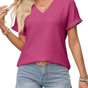 Women's Bright Pink Textured V Neck T Shirt – Casual Style for Daily Wear - Main View