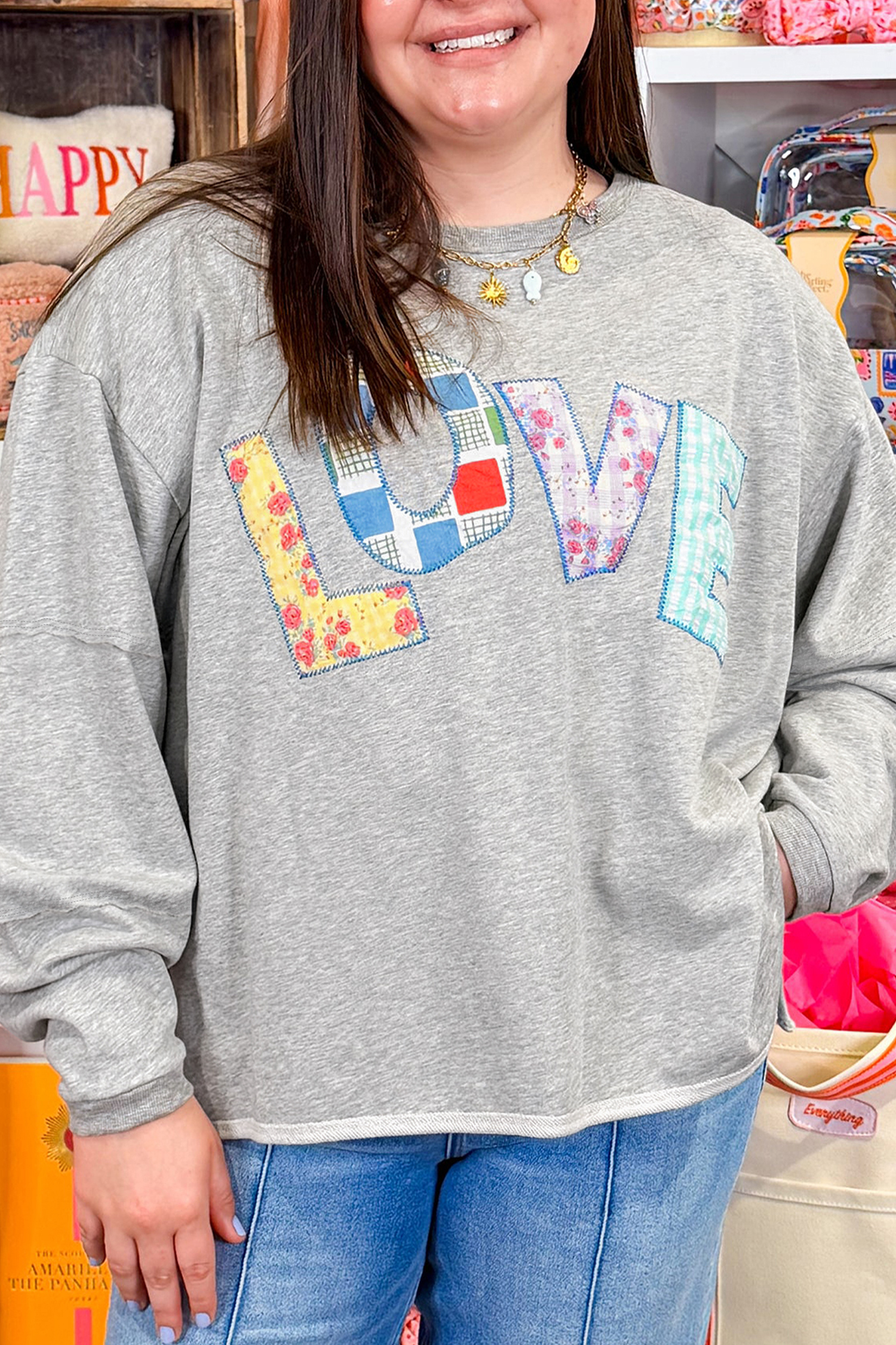 Casual Long Sleeve Top, Women's Floral Patchwork Letter Tee - Detail View 2 Casual Long Sleeve Top, Women's Floral Patchwork Letter Tee - Detail View 2