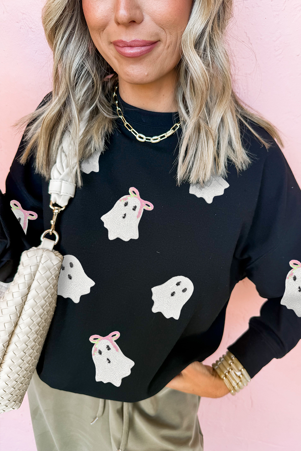 Casual Long Sleeve Crew Neck Sweatshirt with Cute Bow and Halloween Pattern - Detail View 3 Casual Long Sleeve Crew Neck Sweatshirt with Cute Bow and Halloween Pattern - Detail View 3