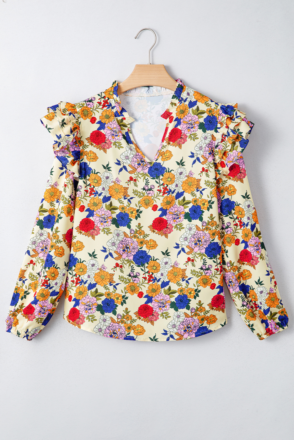 Women's Apricot Floral Blouse with Ruffled Shoulders - Long Sleeve V Neck Top - Detail View 5 Women's Apricot Floral Blouse with Ruffled Shoulders - Long Sleeve V Neck Top - Detail View 5