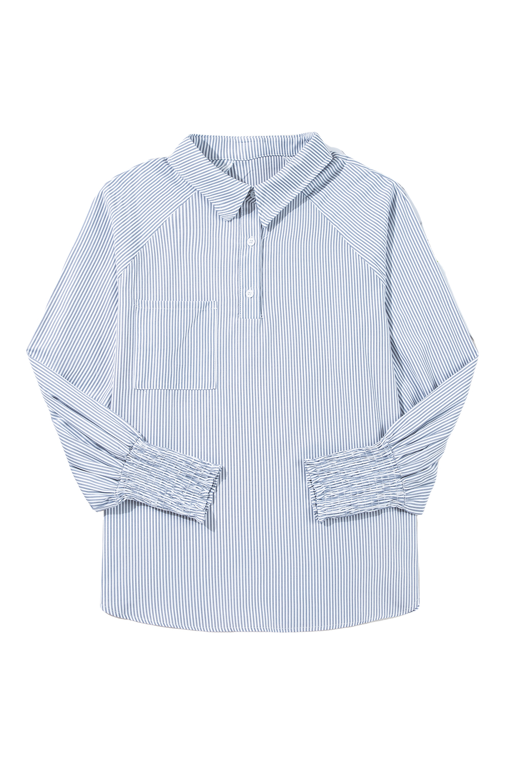 Women's Gray Pinstripe Blouse – Smocked Cuff Office Shirt - Detail View 7 Women's Gray Pinstripe Blouse – Smocked Cuff Office Shirt - Detail View 7
