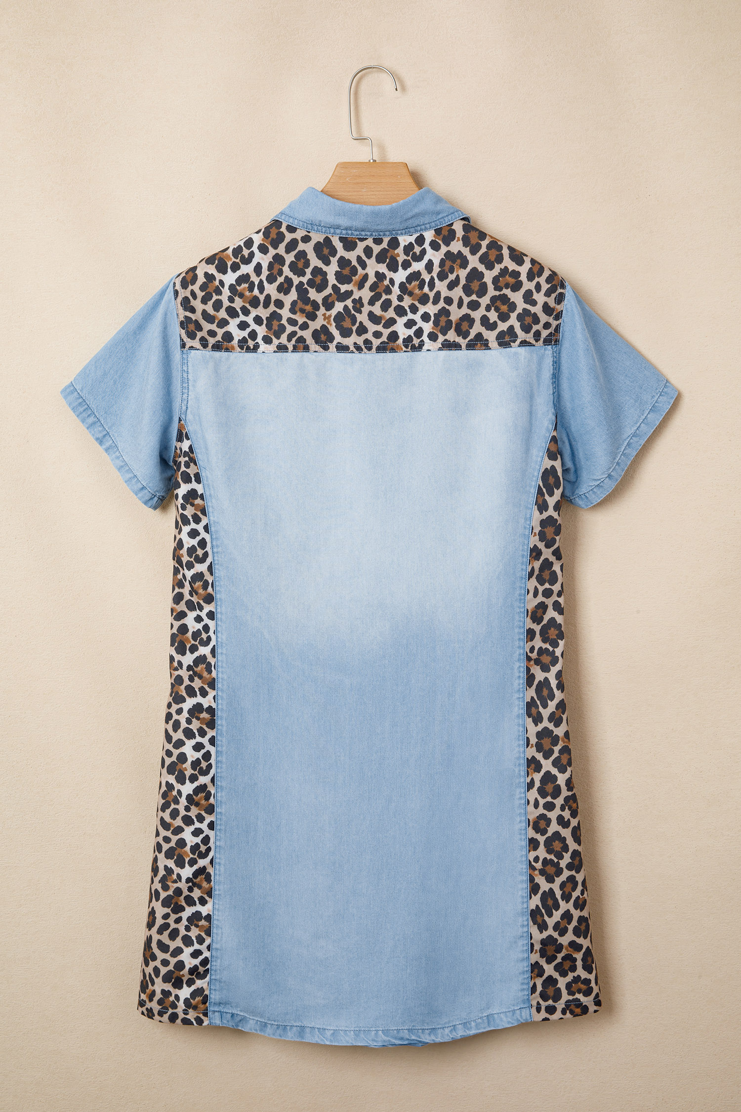 Western Style Denim Mini Dress – Button Down Leopard Patchwork Shift Dress, Versatile Summer Outfit for Women - Detail View 6 Western Style Denim Mini Dress – Button Down Leopard Patchwork Shift Dress, Versatile Summer Outfit for Women - Detail View 6
