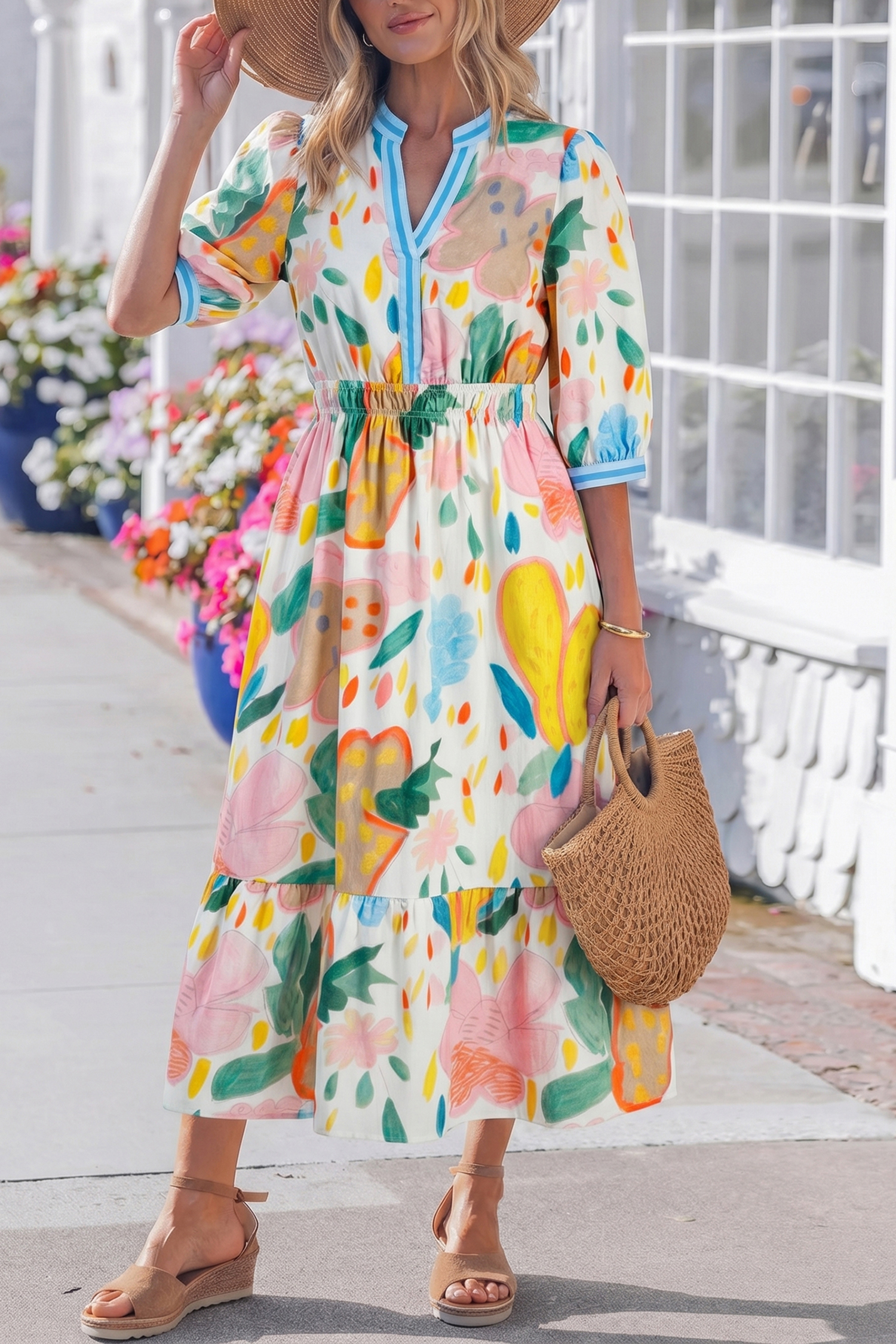 Chic Floral Doodle Print V Neck Dress for Women – Half Sleeve High Waist Cotton Blend Midi Dress with Side Pockets - Detail View 3 Chic Floral Doodle Print V Neck Dress for Women – Half Sleeve High Waist Cotton Blend Midi Dress with Side Pockets - Detail View 3