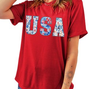 Women's Red Floral USA Graphic Cuffed Sleeve Crew Neck Tee - Main View