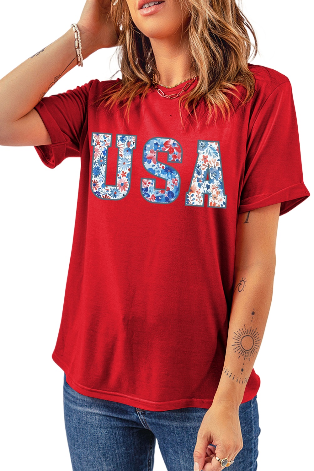 Women's Red Floral USA Graphic Cuffed Sleeve Crew Neck Tee - Main View Women's Red Floral USA Graphic Cuffed Sleeve Crew Neck Tee - Main View