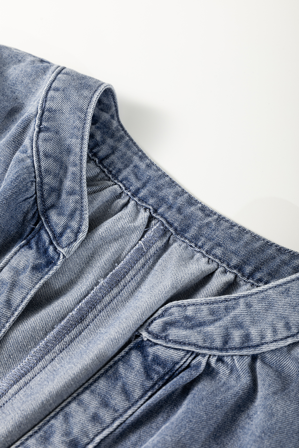 Chic Dusk Blue Denim Top with V Neck and Ruffled Puff Sleeves for Women - Detail View 10 Chic Dusk Blue Denim Top with V Neck and Ruffled Puff Sleeves for Women - Detail View 10
