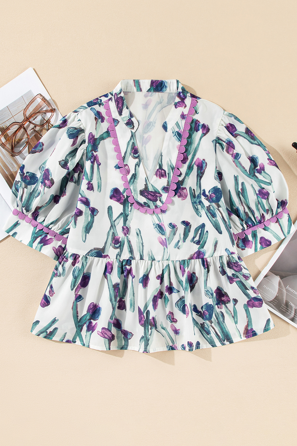 Women's Purple Floral Ricrac Trim Peplum Top with Puff Sleeves - Detail View 13 Women's Purple Floral Ricrac Trim Peplum Top with Puff Sleeves - Detail View 13