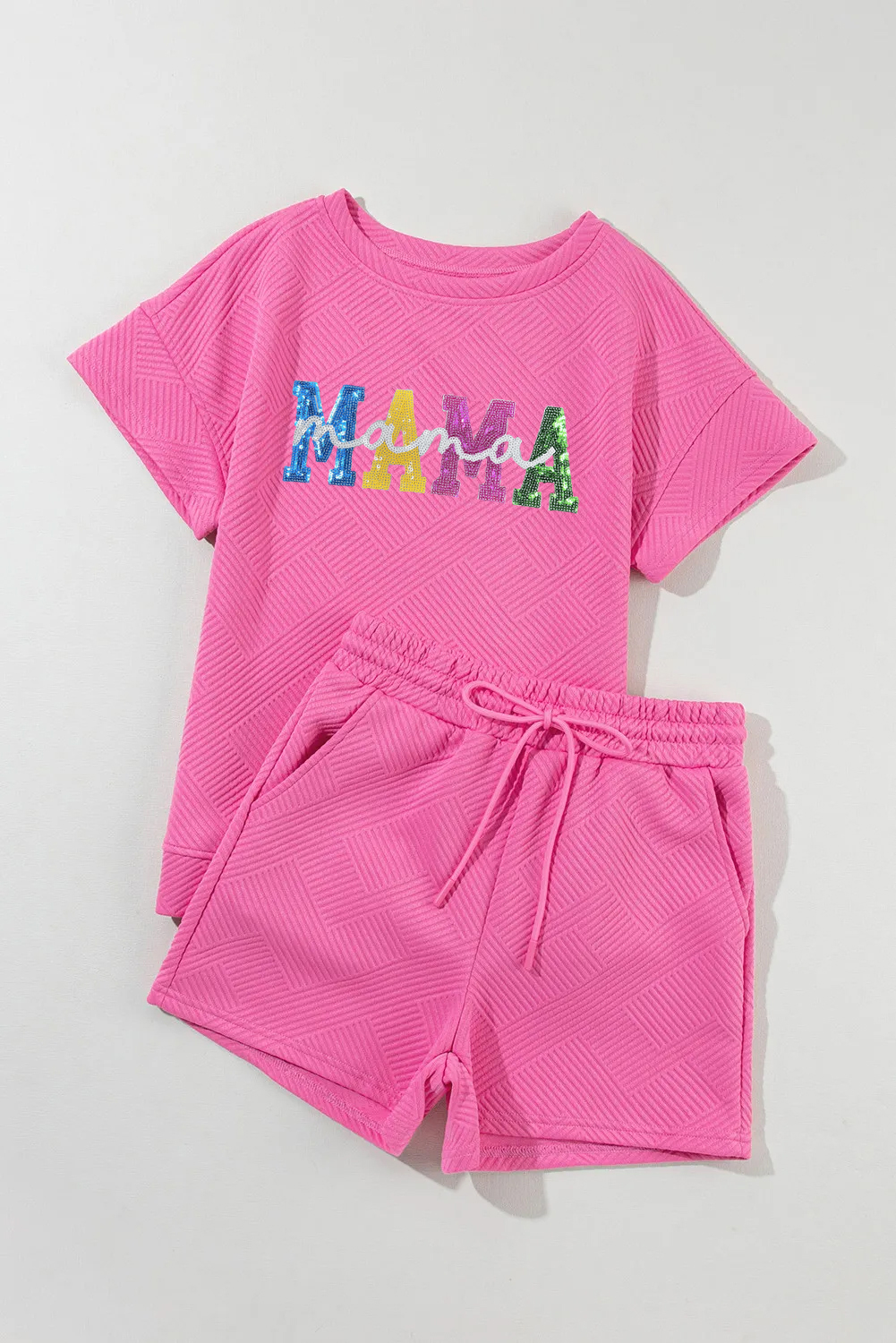 Women's 2-Piece Set, Strawberry Pink, Sequined MAMA Graphic, Matching Outfit, Casual Wear, Comfortable, Breathable Fabric, Trendy Design, Short Sleeve Tee, Drawstring Shorts, High Waist, Summer Fashion, Daily Wear, Moms Outfit - Detail View 8 Women's 2-Piece Set, Strawberry Pink, Sequined MAMA Graphic, Matching Outfit, Casual Wear, Comfortable, Breathable Fabric, Trendy Design, Short Sleeve Tee, Drawstring Shorts, High Waist, Summer Fashion, Daily Wear, Moms Outfit - Detail View 8