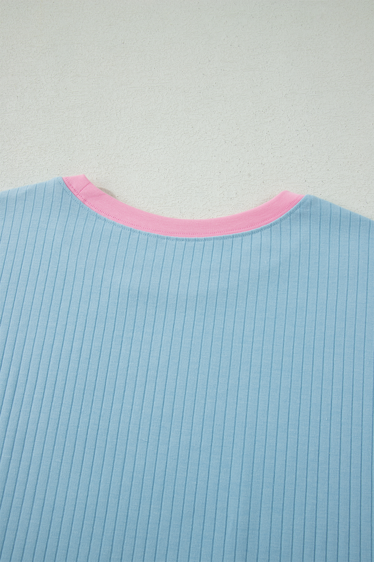 Women's Mist Blue Ribbed Short Set – Casual Color Block Two-Piece Outfit for Daily Wear - Detail View 7 Women's Mist Blue Ribbed Short Set – Casual Color Block Two-Piece Outfit for Daily Wear - Detail View 7