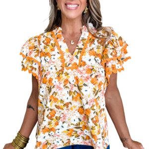 Women's Russet Orange Ruffled V Neck Scalloped Short Sleeve Floral Blouse - Main View