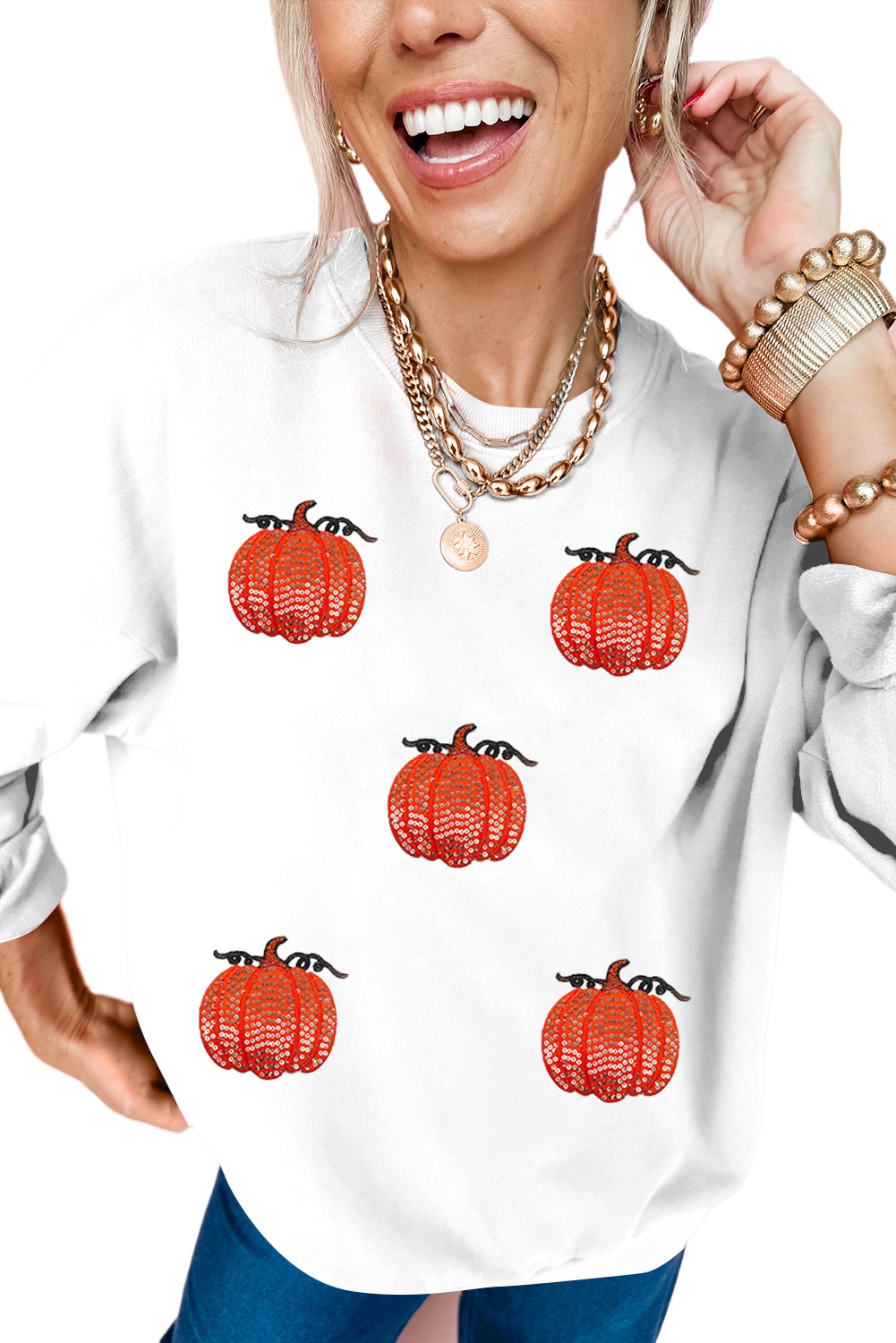 Trendy Long Sleeve Round Neck Sweatshirt with Pumpkin Design - Ideal for Daily Wear - Detail View 7 Trendy Long Sleeve Round Neck Sweatshirt with Pumpkin Design - Ideal for Daily Wear - Detail View 7