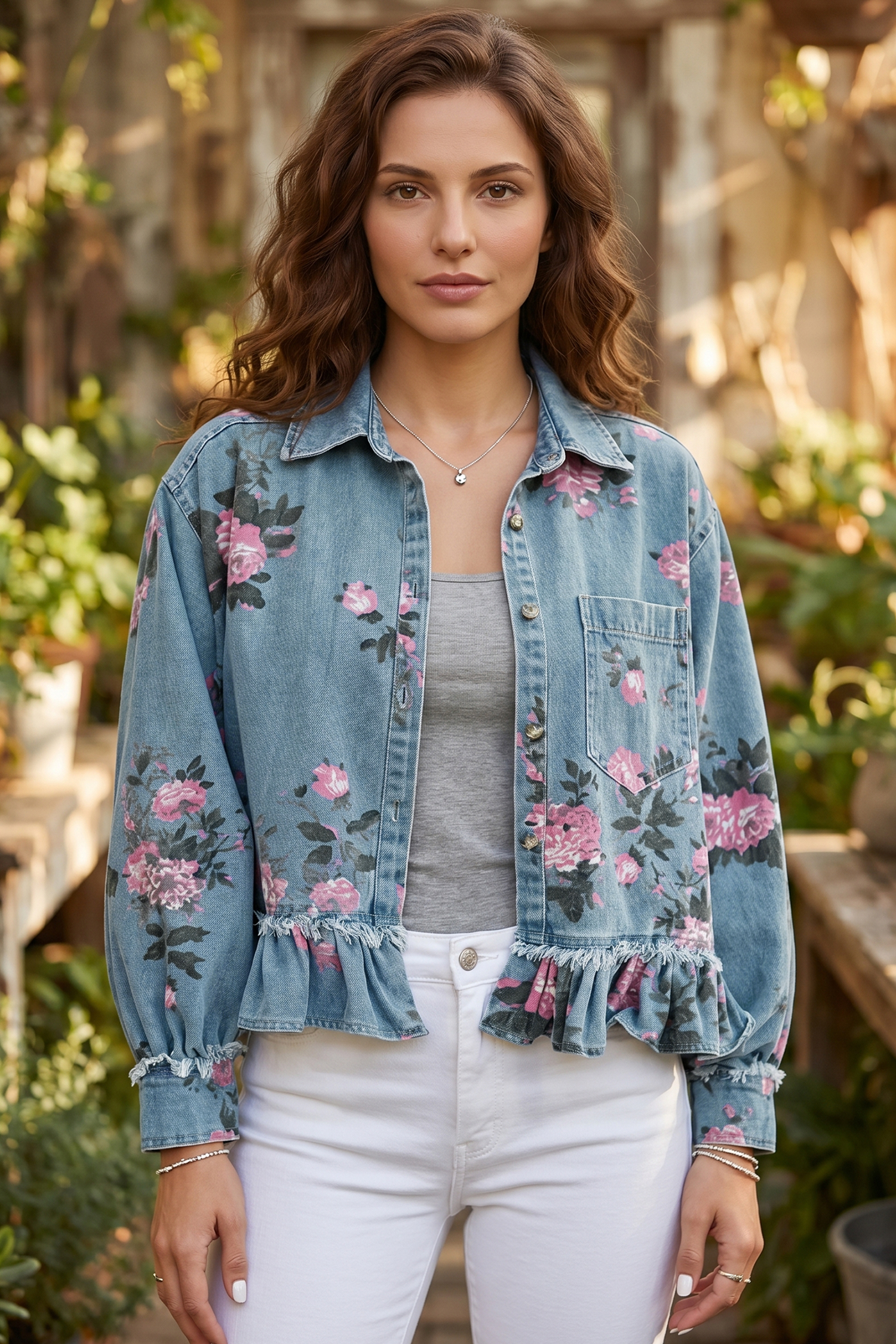Women's Casual Denim Coat, Floral Print Shirt Collar Jacket - Detail View 3 Women's Casual Denim Coat, Floral Print Shirt Collar Jacket - Detail View 3