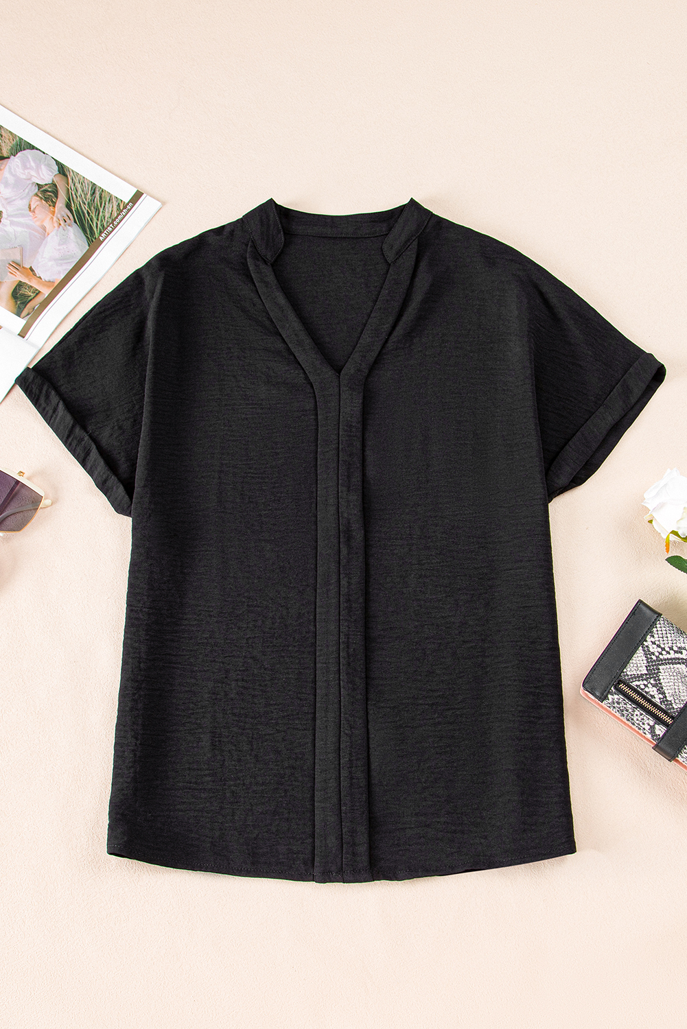 Women's Blouse, Black Blouse, Notched Neck, Batwing Sleeve, Lightweight, V Neck, Casual Style, Office Attire, Summer Fashion, Solid Color, Patchwork Design, Elegant Silhouette, Daily Wear, Short Sleeve - Detail View 8 Women's Blouse, Black Blouse, Notched Neck, Batwing Sleeve, Lightweight, V Neck, Casual Style, Office Attire, Summer Fashion, Solid Color, Patchwork Design, Elegant Silhouette, Daily Wear, Short Sleeve - Detail View 8