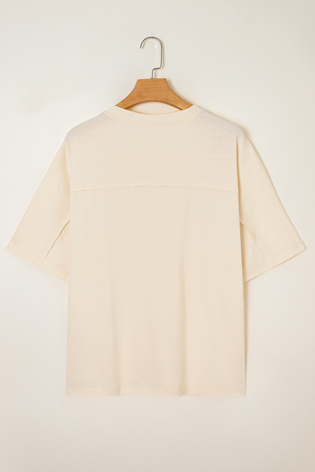 Women's Tee, Apricot Color, Floral Patch, Exposed Stitching, Casual Wear, Loose Fit, Summer Fashion, Daily Wear, Stylish Top, Versatile T-Shirt, Round Neck, Shift Silhouette, Tops & Tees - Detail View 4 Women's Tee, Apricot Color, Floral Patch, Exposed Stitching, Casual Wear, Loose Fit, Summer Fashion, Daily Wear, Stylish Top, Versatile T-Shirt, Round Neck, Shift Silhouette, Tops & Tees - Detail View 4