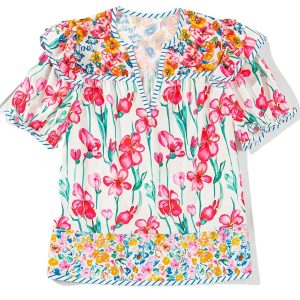 Women's Pink Floral Print Blouse with Striped Detail and Split Neck - Main View