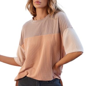Women's Light French Beige Color Block Ribbed Half Sleeve Top with Side Slits - Main View