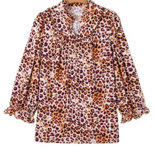 Women's Brown Leopard Frilled Blouse - Casual V Neck Top for Daily Summer Style - Main View