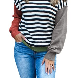Chic Gray Striped Colorblock Sleeve Sweater for Women – Stylish Casual Fall Fashion - Main View