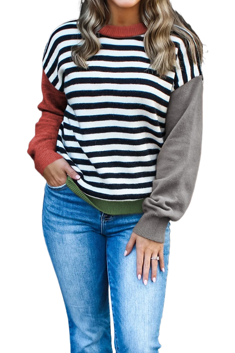 Chic Gray Striped Colorblock Sleeve Sweater for Women – Stylish Casual Fall Fashion - Main View Chic Gray Striped Colorblock Sleeve Sweater for Women – Stylish Casual Fall Fashion - Main View