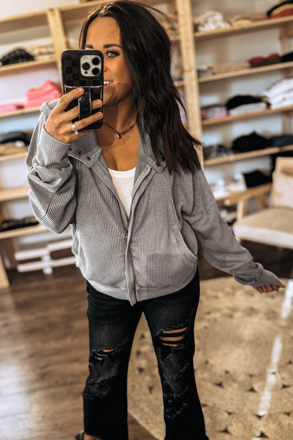 Stylish Gray Hooded Jacket with Waffle Knit and Button Front - Perfect for Fall - Detail View 6 Stylish Gray Hooded Jacket with Waffle Knit and Button Front - Perfect for Fall - Detail View 6