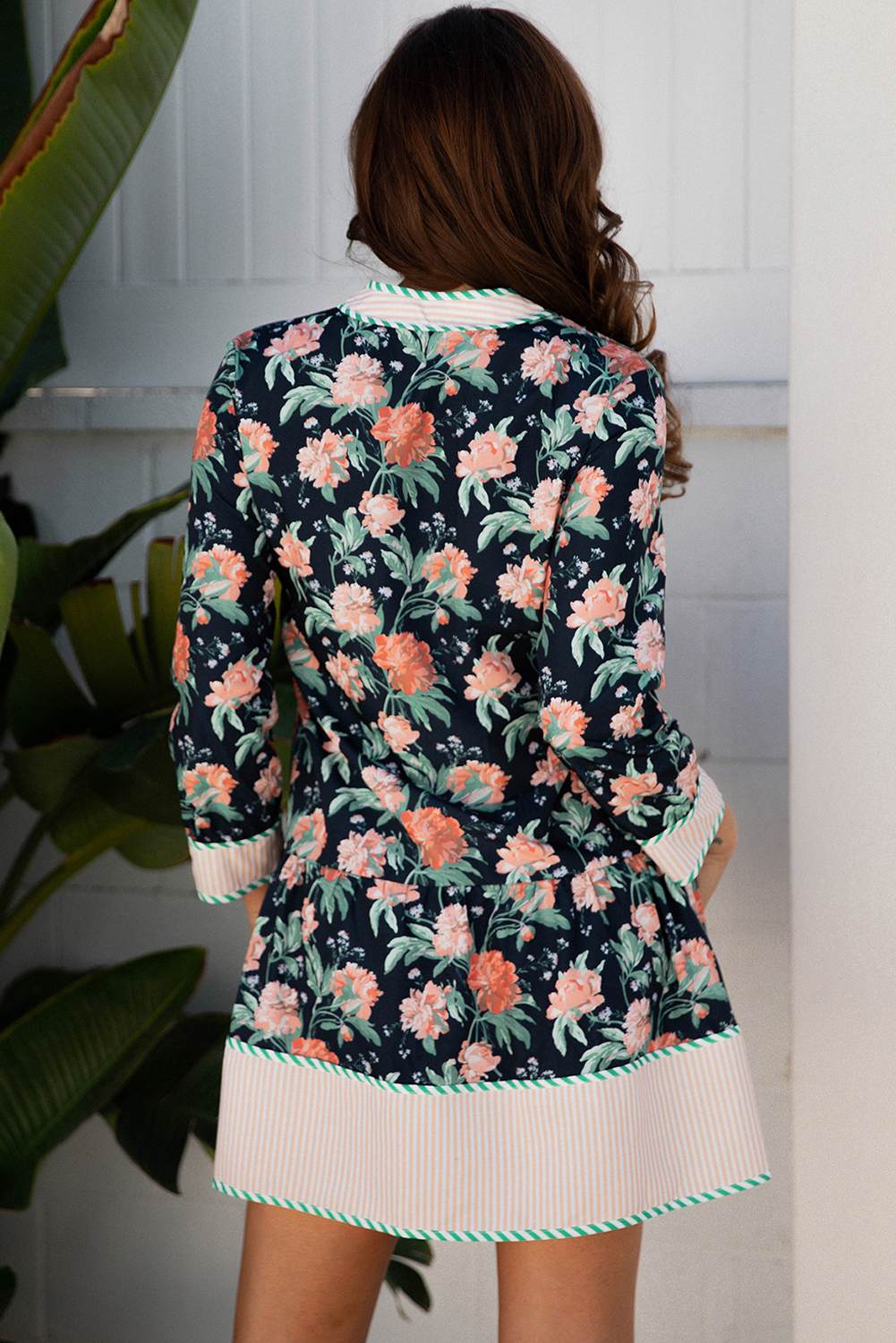 Vacation-Ready Women's Striped Trim Long Sleeve Floral Mini Dress - Detail View 2 Vacation-Ready Women's Striped Trim Long Sleeve Floral Mini Dress - Detail View 2