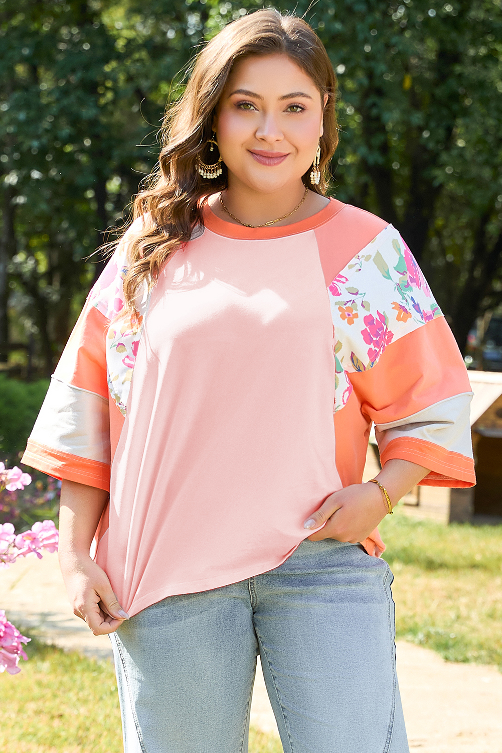 Comfortable and Stylish Orange Plus Size Top - Floral Design with Loose Fit - Detail View 7 Comfortable and Stylish Orange Plus Size Top - Floral Design with Loose Fit - Detail View 7