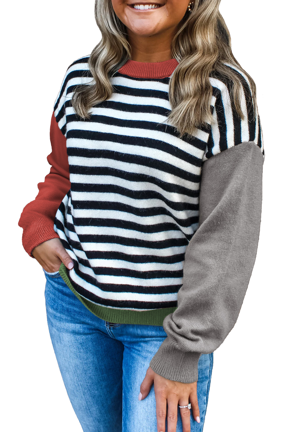 Women's Gray Striped Panels Chic Sweater – Perfect for Autumn Daily Wear - Detail View 8 Women's Gray Striped Panels Chic Sweater – Perfect for Autumn Daily Wear - Detail View 8