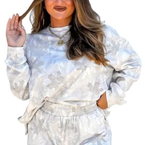 Women's Beige Camo Print Pullover Top & Casual Shorts Set – Ideal for Everyday Wear - Main View