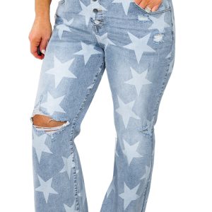 Trendy Sky Blue Star Printed Plus Size Jeans with Multi Buttons and Slit Knee - Main View