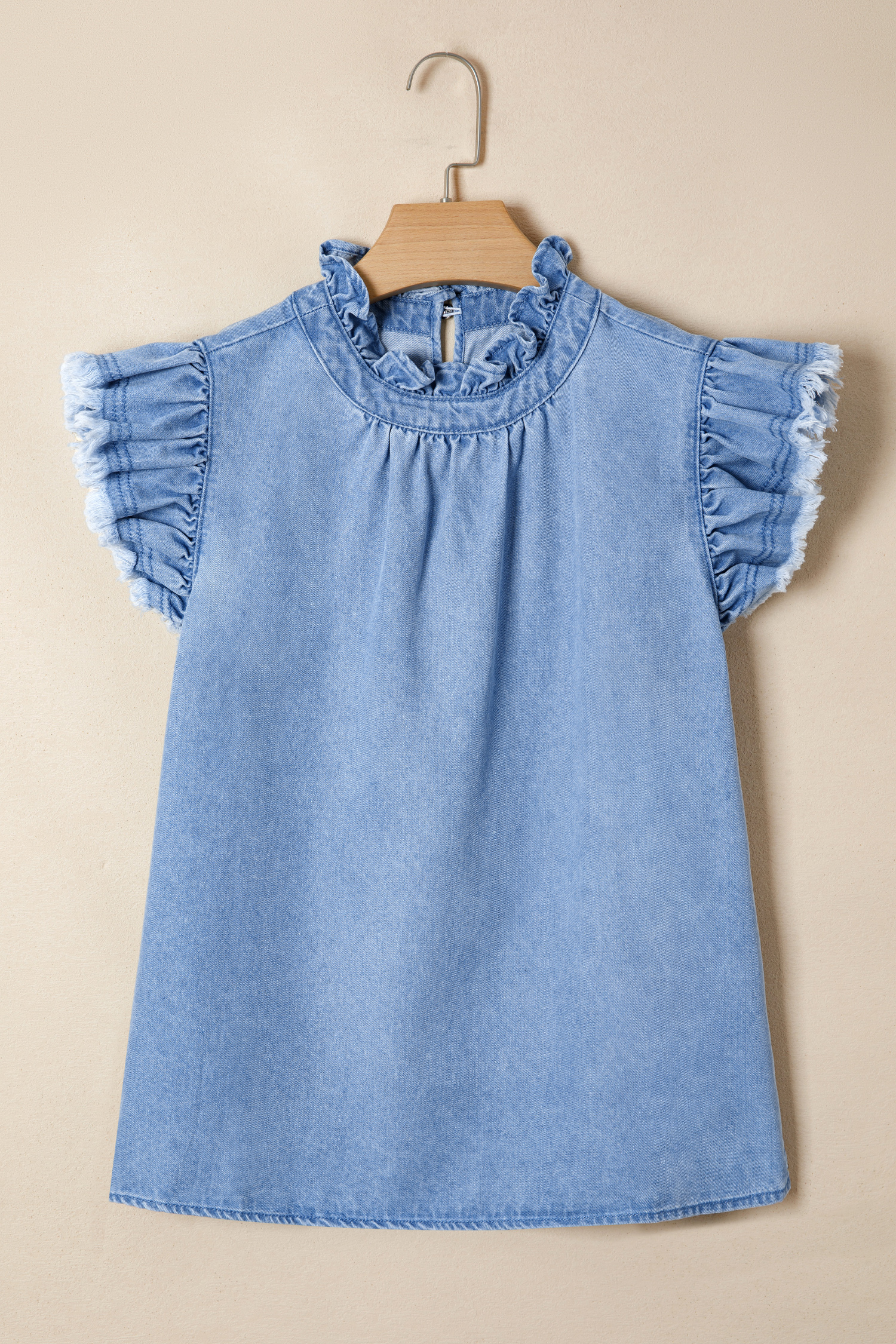Western Style Denim Shift Top – Women's Frilled Collar Sleeveless Shirt for Daily Wear & Dates - Detail View 3 Western Style Denim Shift Top – Women's Frilled Collar Sleeveless Shirt for Daily Wear & Dates - Detail View 3