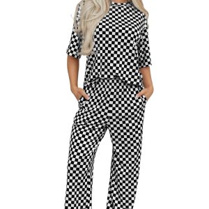 Women's Checkered Print 2-Piece Lounge Set – Half Sleeve Tee and High Waist Pants, Casual Summer Outfit - Main View