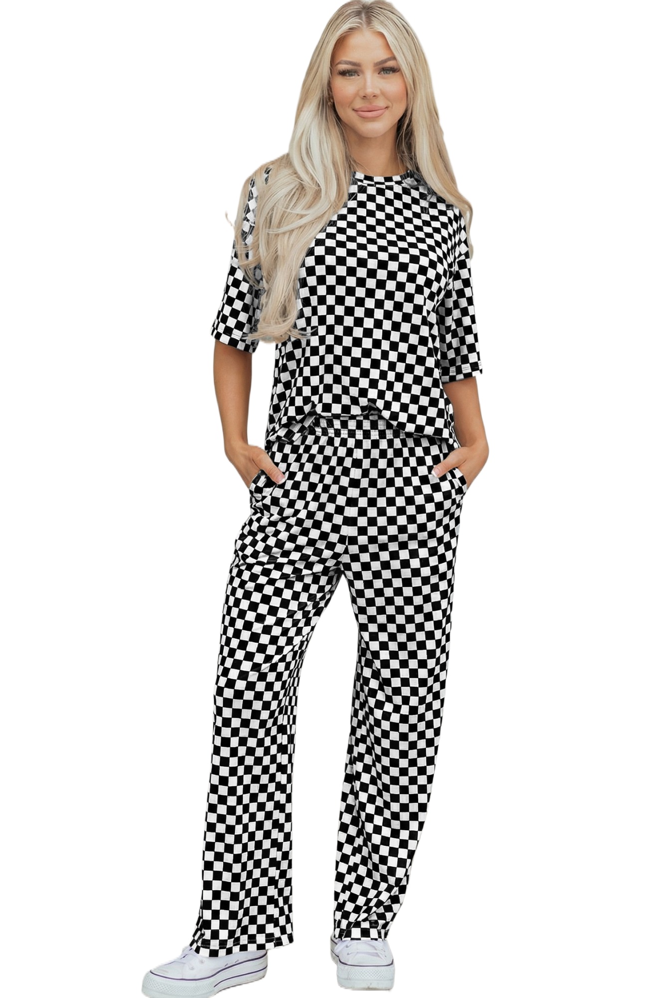 Women's Checkered Print 2-Piece Lounge Set – Half Sleeve Tee and High Waist Pants, Casual Summer Outfit - Main View Women's Checkered Print 2-Piece Lounge Set – Half Sleeve Tee and High Waist Pants, Casual Summer Outfit - Main View