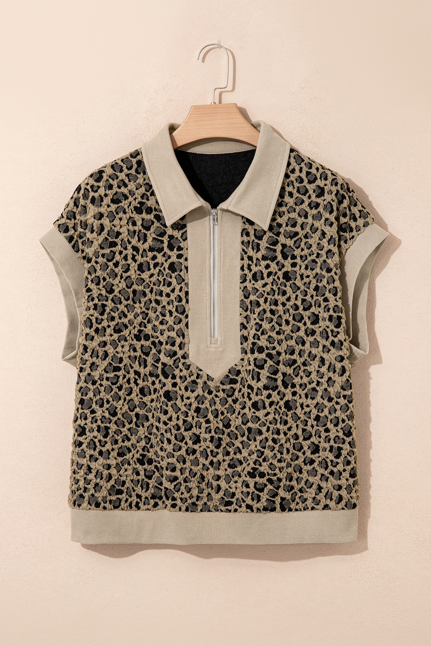 Casual Women's Zipper V-Neck Top – Beige Leopard Print Short Sleeve Shift Shirt - Detail View 3 Casual Women's Zipper V-Neck Top – Beige Leopard Print Short Sleeve Shift Shirt - Detail View 3