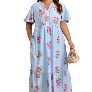 Women's Sky Blue Floral V-Neck Maxi Dress – Short Sleeve High Waist Casual Summer Long Dress - Main View