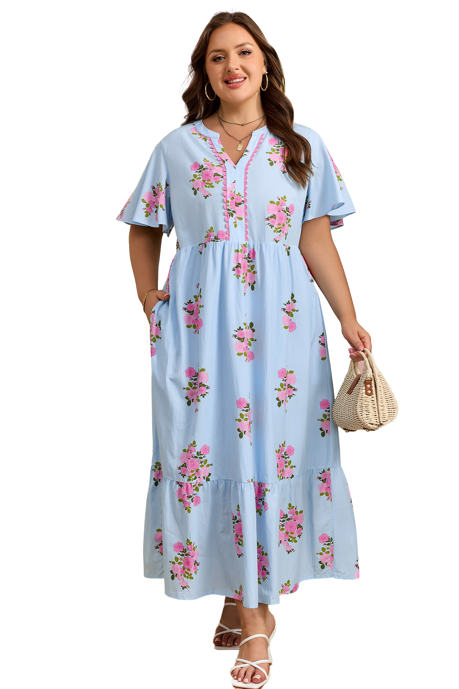 Women's Sky Blue Floral V-Neck Maxi Dress – Short Sleeve High Waist Casual Summer Long Dress - Main View Women's Sky Blue Floral V-Neck Maxi Dress – Short Sleeve High Waist Casual Summer Long Dress - Main View