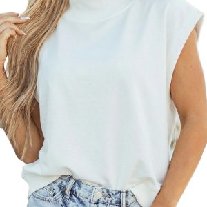 Women's White Mock Neck Cap Sleeve Top – Loose Fit, Soft Polyester Cotton Blend for Casual Summer Wear - Main View