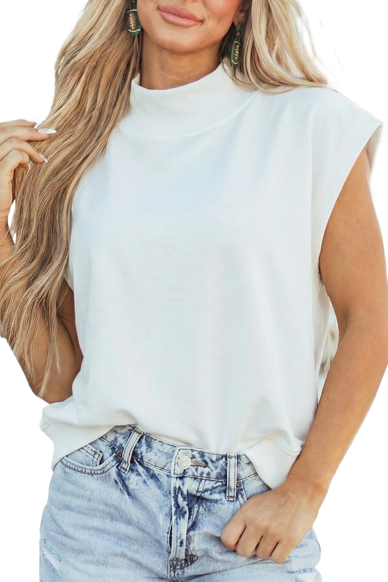 Women's White Mock Neck Cap Sleeve Top – Loose Fit, Soft Polyester Cotton Blend for Casual Summer Wear - Main View Women's White Mock Neck Cap Sleeve Top – Loose Fit, Soft Polyester Cotton Blend for Casual Summer Wear - Main View