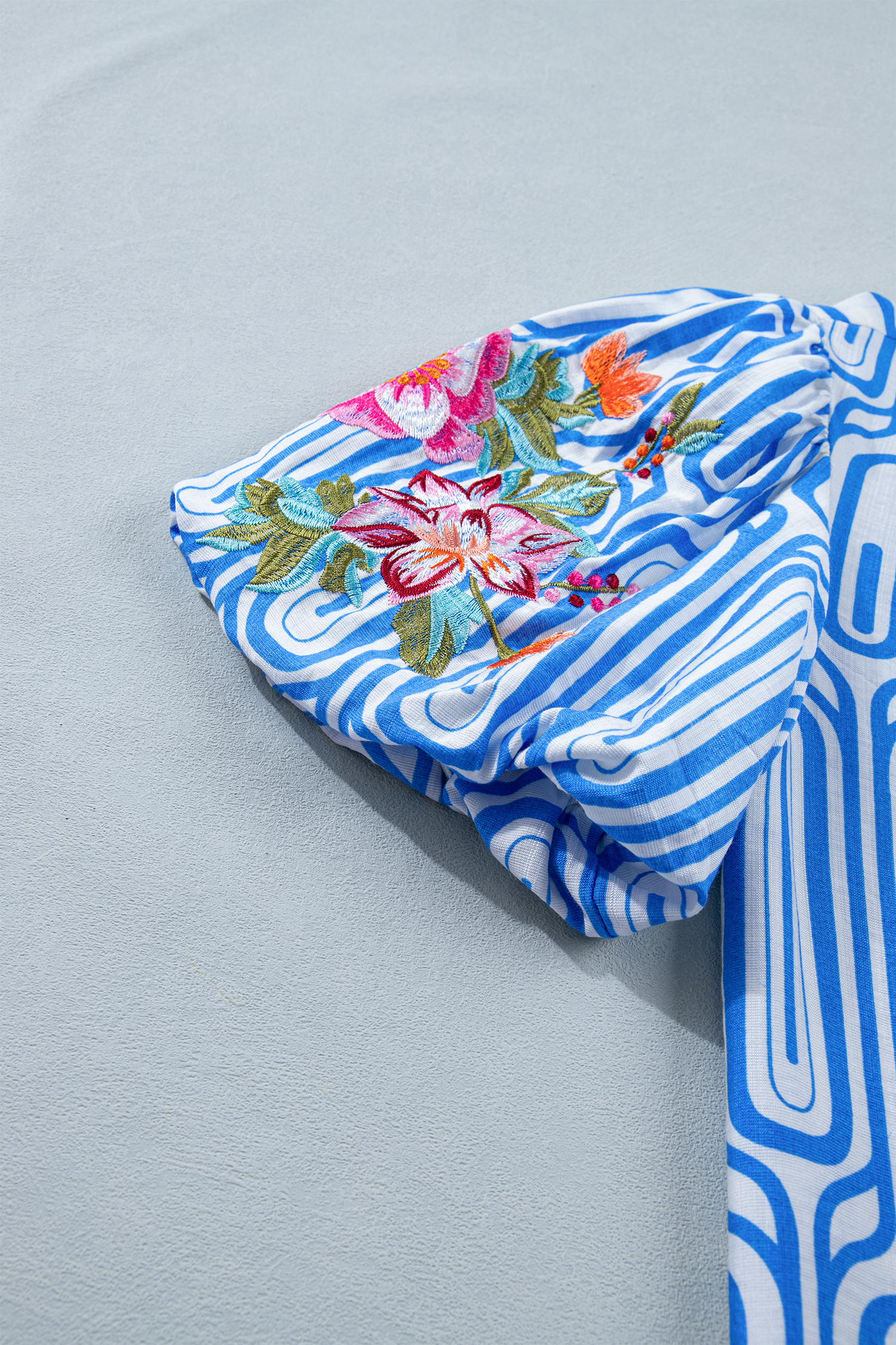 Southern Belle Style Floral Embroidered Blouse – Short Puff Sleeve Round Neck Top in Sky Blue - Detail View 11 Southern Belle Style Floral Embroidered Blouse – Short Puff Sleeve Round Neck Top in Sky Blue - Detail View 11